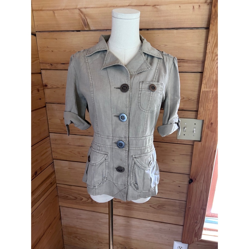 Vintage Linen Safari Utility Jacket  XSmall Khaki‎ Cargo blazer Button  Peplum